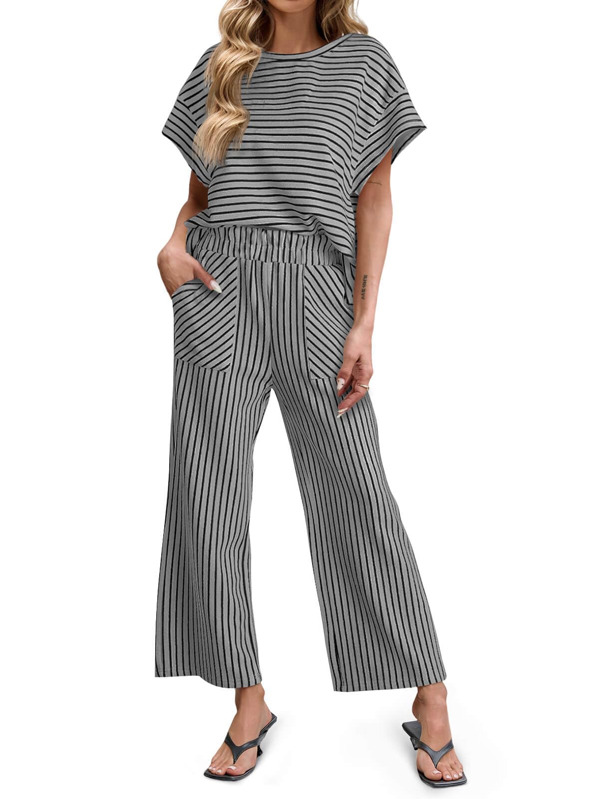 Limited time sale🔥Womens Striped 2 Piece Sets Short Sleeve T Shirts Wide Leg Pants with Pockets