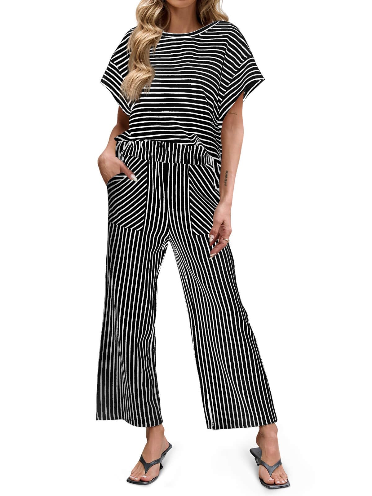 Limited time sale🔥Womens Striped 2 Piece Sets Short Sleeve T Shirts Wide Leg Pants with Pockets