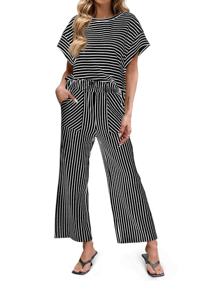 Limited time sale🔥Womens Striped 2 Piece Sets Short Sleeve T Shirts Wide Leg Pants with Pockets