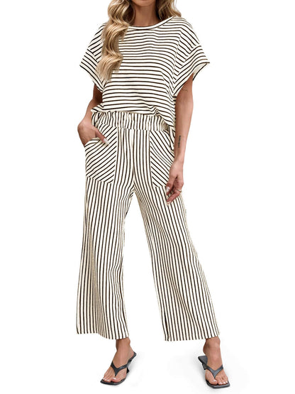 Womens Striped 2 Piece Sets Short Sleeve T Shirts Wide Leg Pants with Pockets