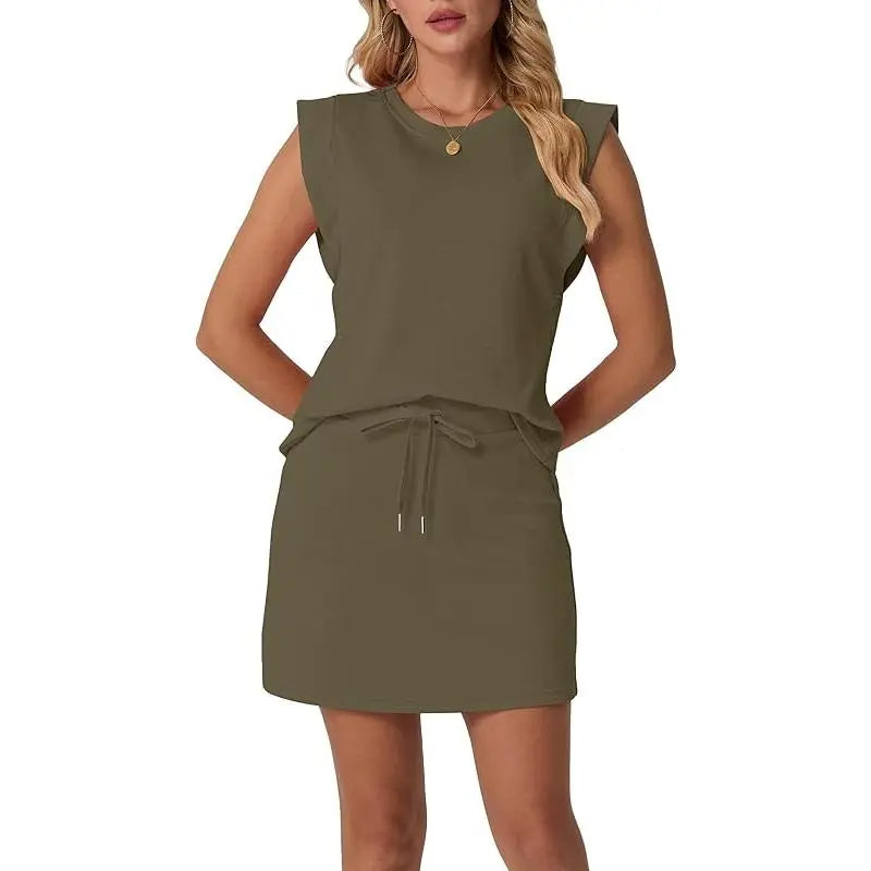 Women's Summer 2 Piece Skort Set Cap Sleeve Round Neck Top