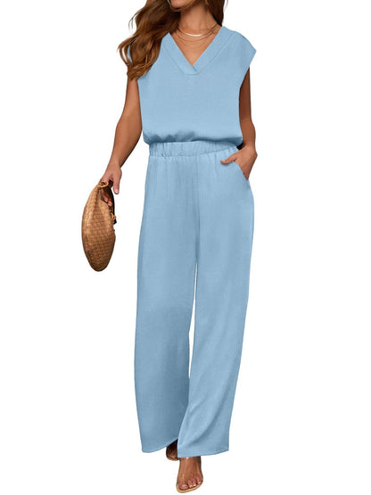 2 Piece Sets for Women Lounge Outfits Summer V Neck Cap Sleeve Top Wide Leg Pants