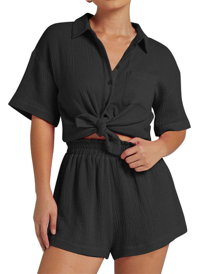 Women's 2 Piece Button Down Shirt and Shorts Set