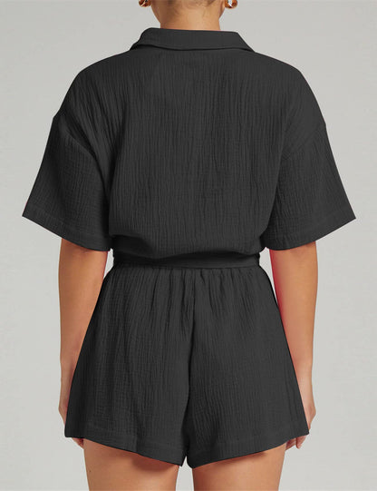 Women's 2 Piece Button Down Shirt and Shorts Set