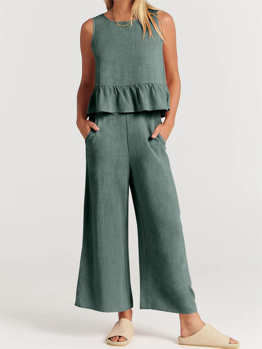 Limited time sale🔥Women 2 Piece Outfits Tank Crop Top Wide Leg Pants Lounge Matching Sets