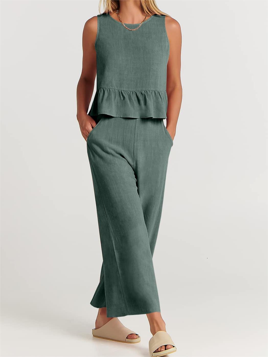 Limited time sale🔥Women 2 Piece Outfits Tank Crop Top Wide Leg Pants Lounge Matching Sets
