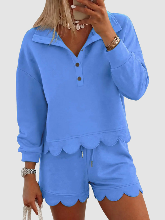 ⏰Hot Sale-Women Scalloped Hem Half Button Polo Two Piece Set