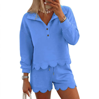Limited time sale🔥Women Scalloped Hem Half Button Polo Two Piece Set