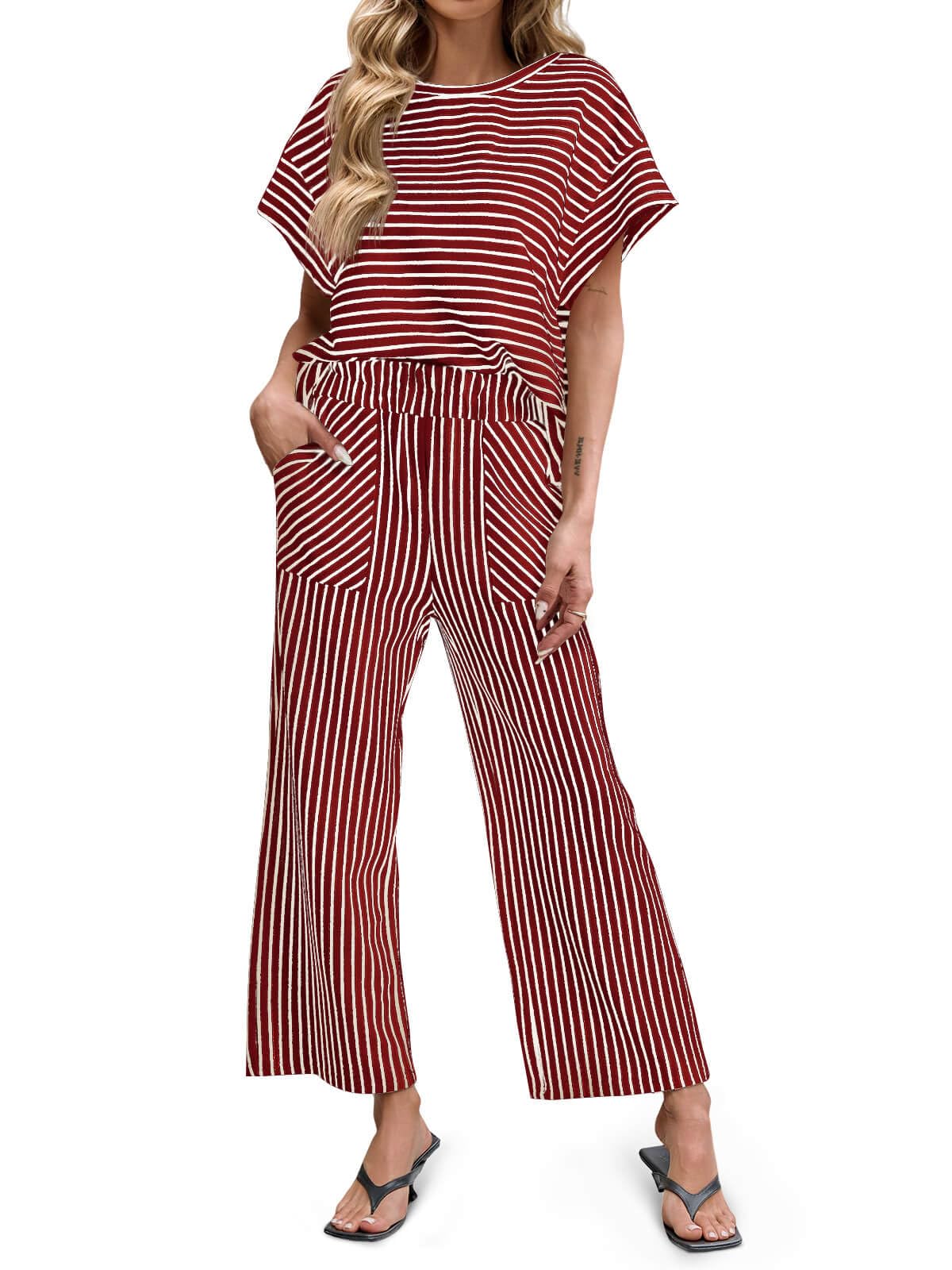 Limited time sale🔥Womens Striped 2 Piece Sets Short Sleeve T Shirts Wide Leg Pants with Pockets