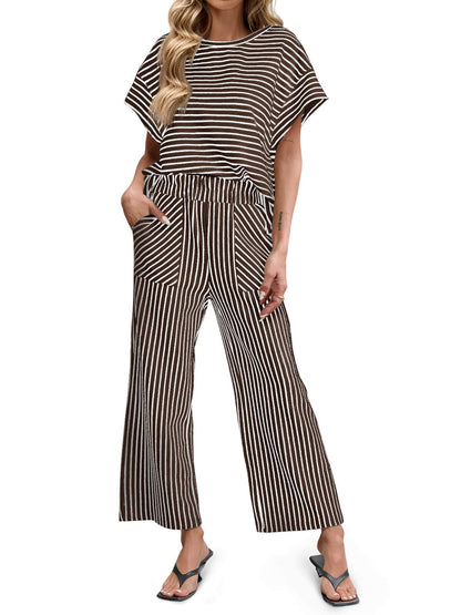 Limited time sale🔥Womens Striped 2 Piece Sets Short Sleeve T Shirts Wide Leg Pants with Pockets