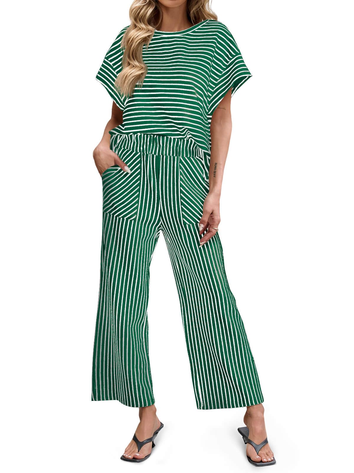 Limited time sale🔥Womens Striped 2 Piece Sets Short Sleeve T Shirts Wide Leg Pants with Pockets