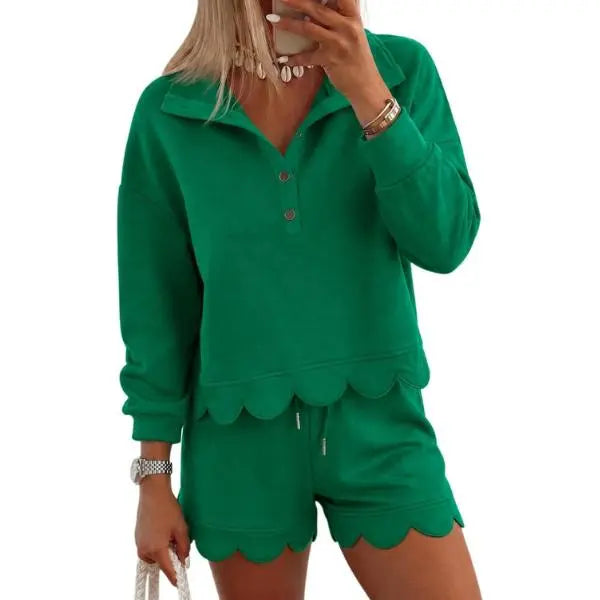 Limited time sale🔥Women Scalloped Hem Half Button Polo Two Piece Set