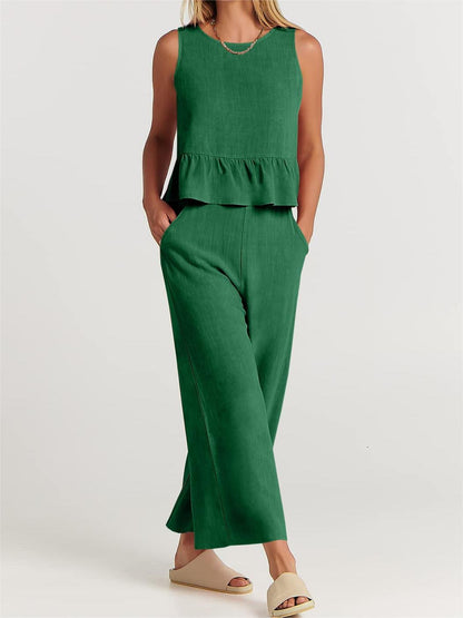 Limited time sale🔥Women 2 Piece Outfits Tank Crop Top Wide Leg Pants Lounge Matching Sets