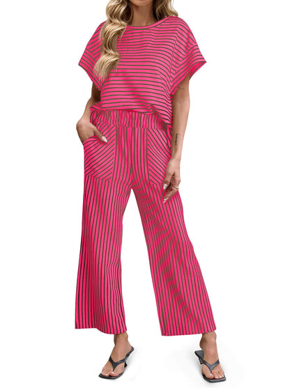 Limited time sale🔥Womens Striped 2 Piece Sets Short Sleeve T Shirts Wide Leg Pants with Pockets