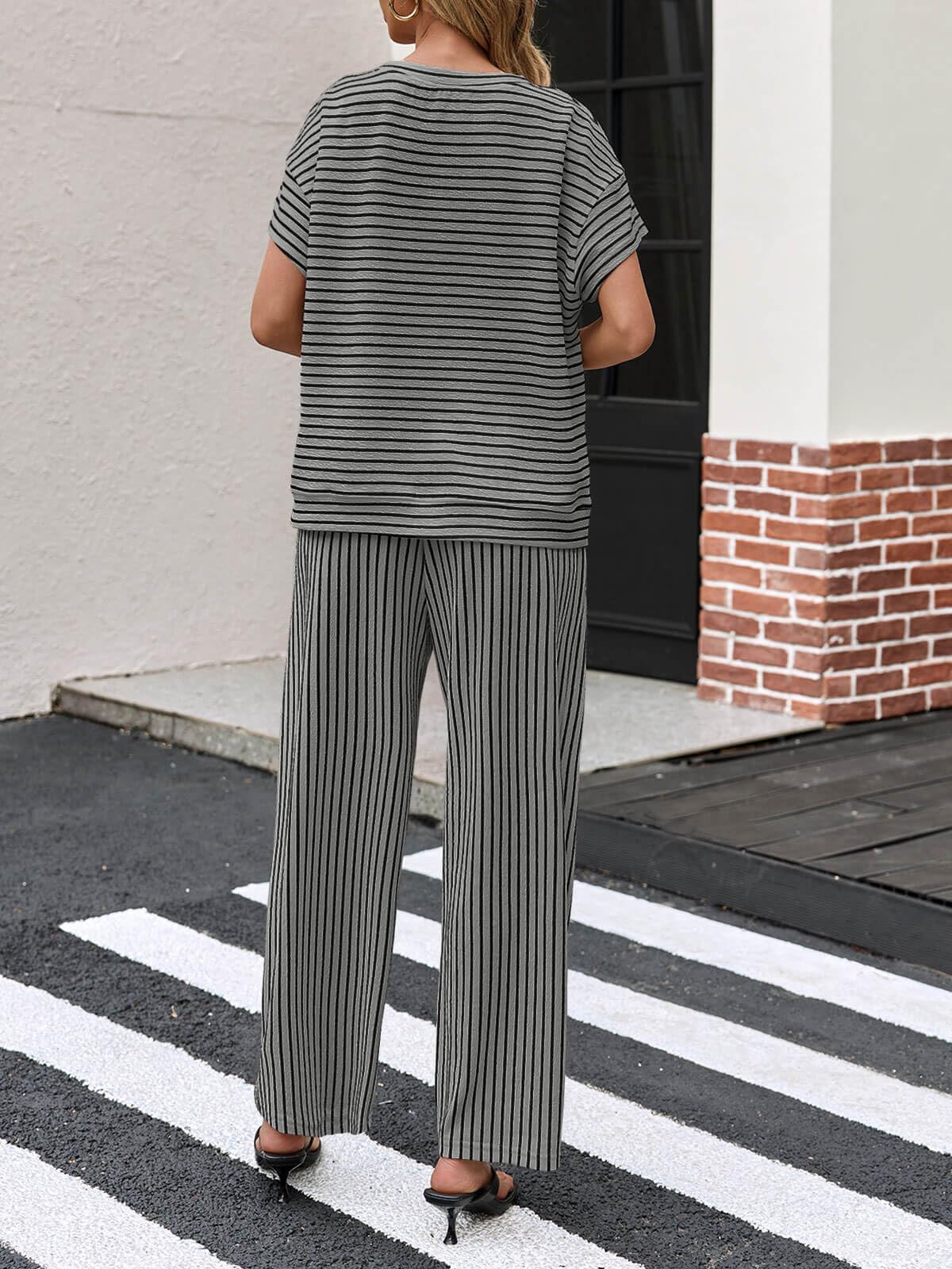 Limited time sale🔥Womens Striped 2 Piece Sets Short Sleeve T Shirts Wide Leg Pants with Pockets