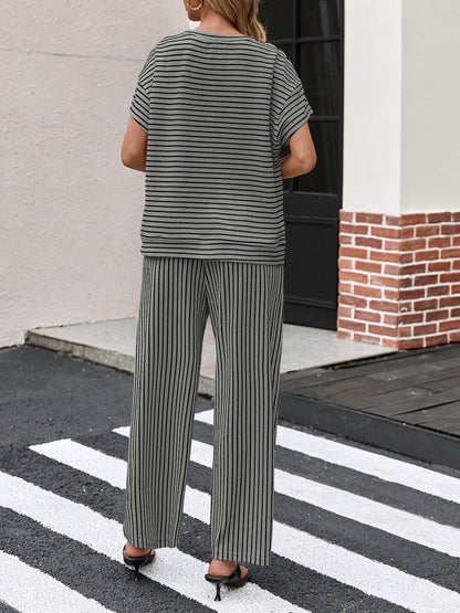 Womens Striped 2 Piece Sets Short Sleeve T Shirts Wide Leg Pants with Pockets
