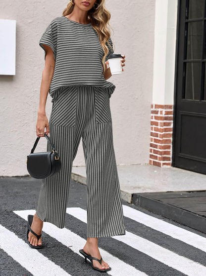 Limited time sale🔥Womens Striped 2 Piece Sets Short Sleeve T Shirts Wide Leg Pants with Pockets