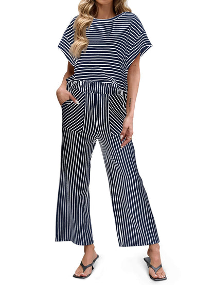 Limited time sale🔥Womens Striped 2 Piece Sets Short Sleeve T Shirts Wide Leg Pants with Pockets