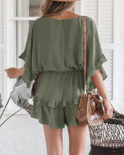Womens V Neck Ruffle Layered Drawstring Waisted Shorts Jumpsuit