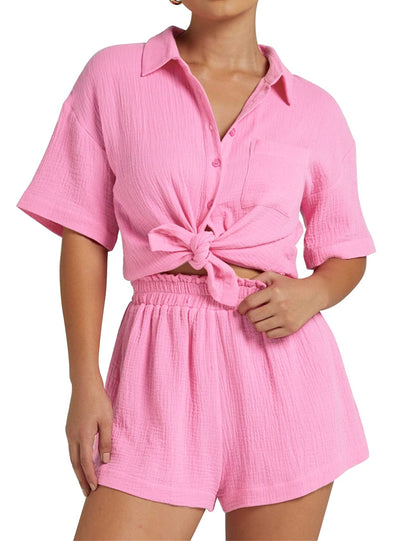 Women's 2 Piece Button Down Shirt and Shorts Set