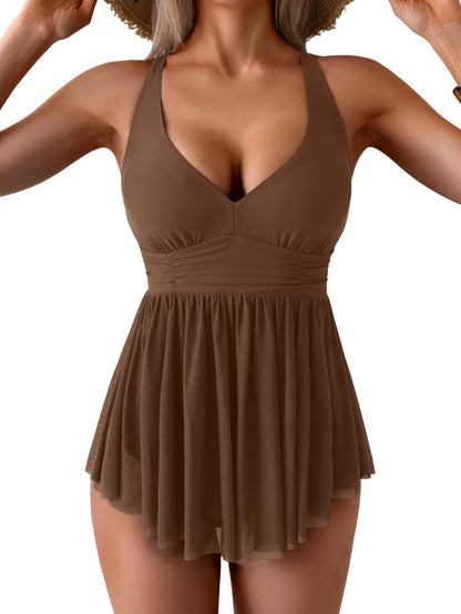 Women's One Piece Swim Dress Swimsuit Tummy Control Mesh Swimdress