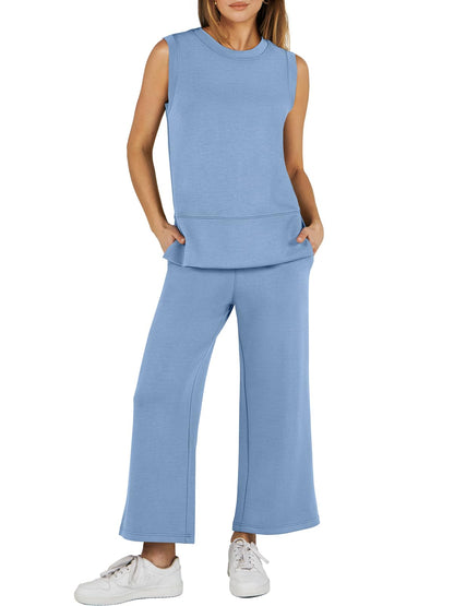 2024 SUMMER NEW Women's Sleeveless Slit Hem Wide Leg Suit Casual Two Piece Set