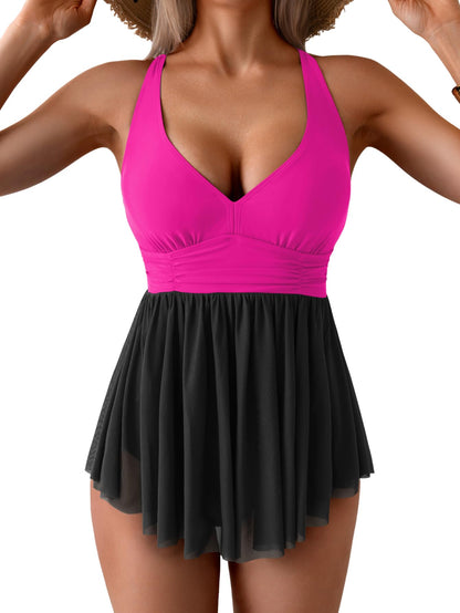 Women's One Piece Swim Dress Swimsuit Tummy Control Mesh Swimdress