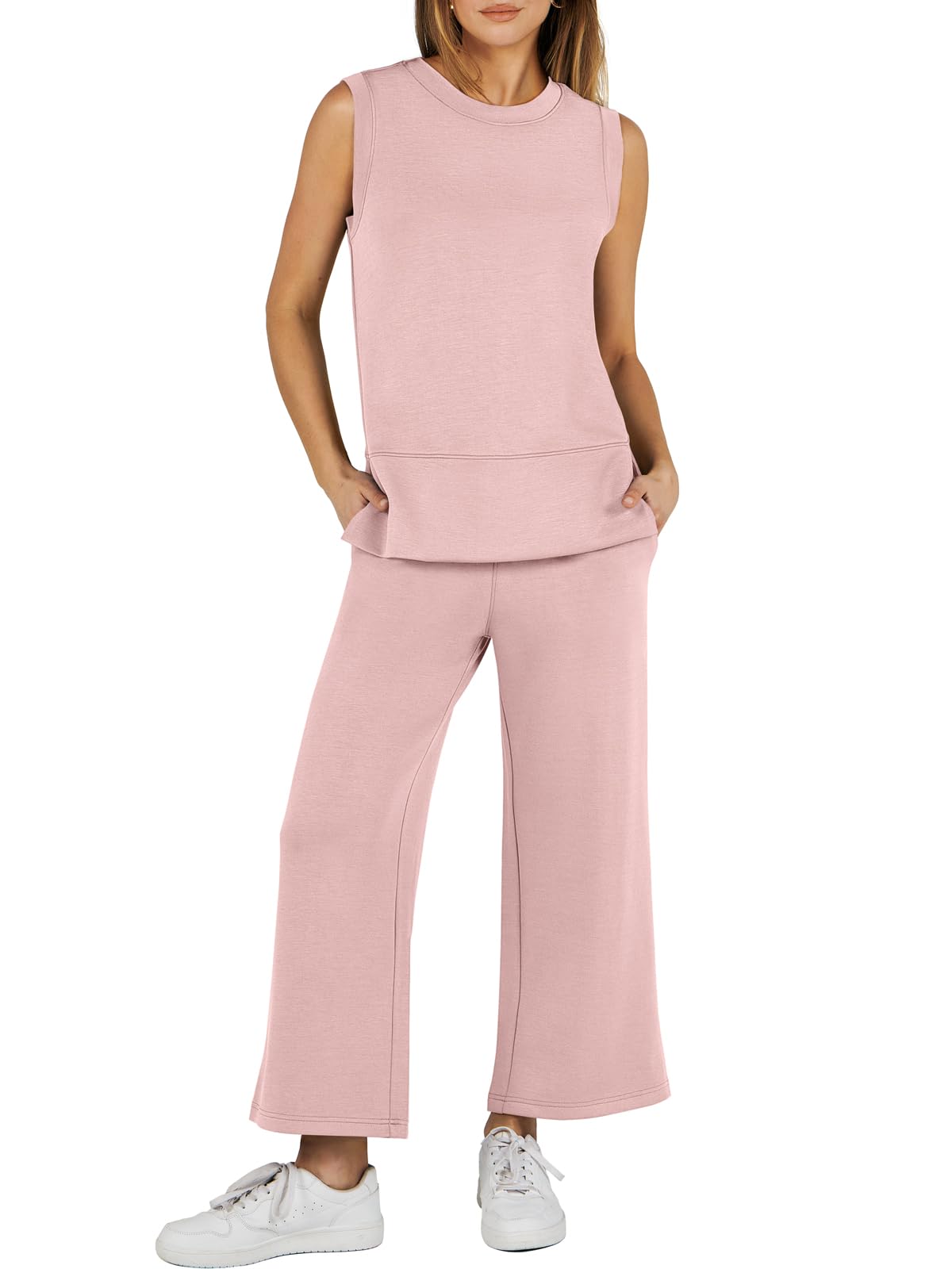 2024 SUMMER NEW Women's Sleeveless Slit Hem Wide Leg Suit Casual Two Piece Set