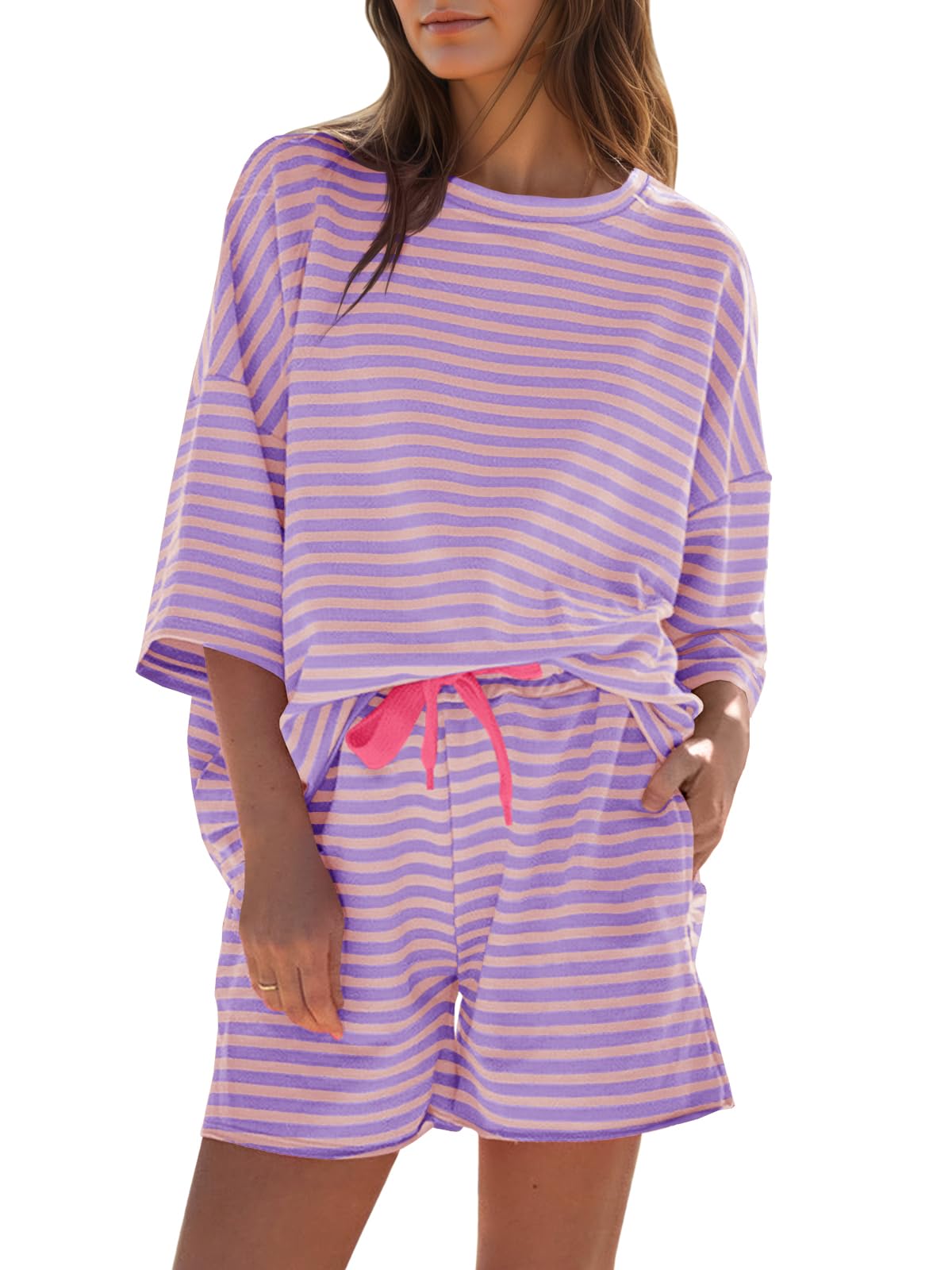 Limited time sale🔥Womens Striped 3/4 Sleeve Oversized Tops High Waisted Shorts Sets