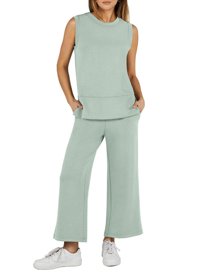 2024 SUMMER NEW Women's Sleeveless Slit Hem Wide Leg Suit Casual Two Piece Set