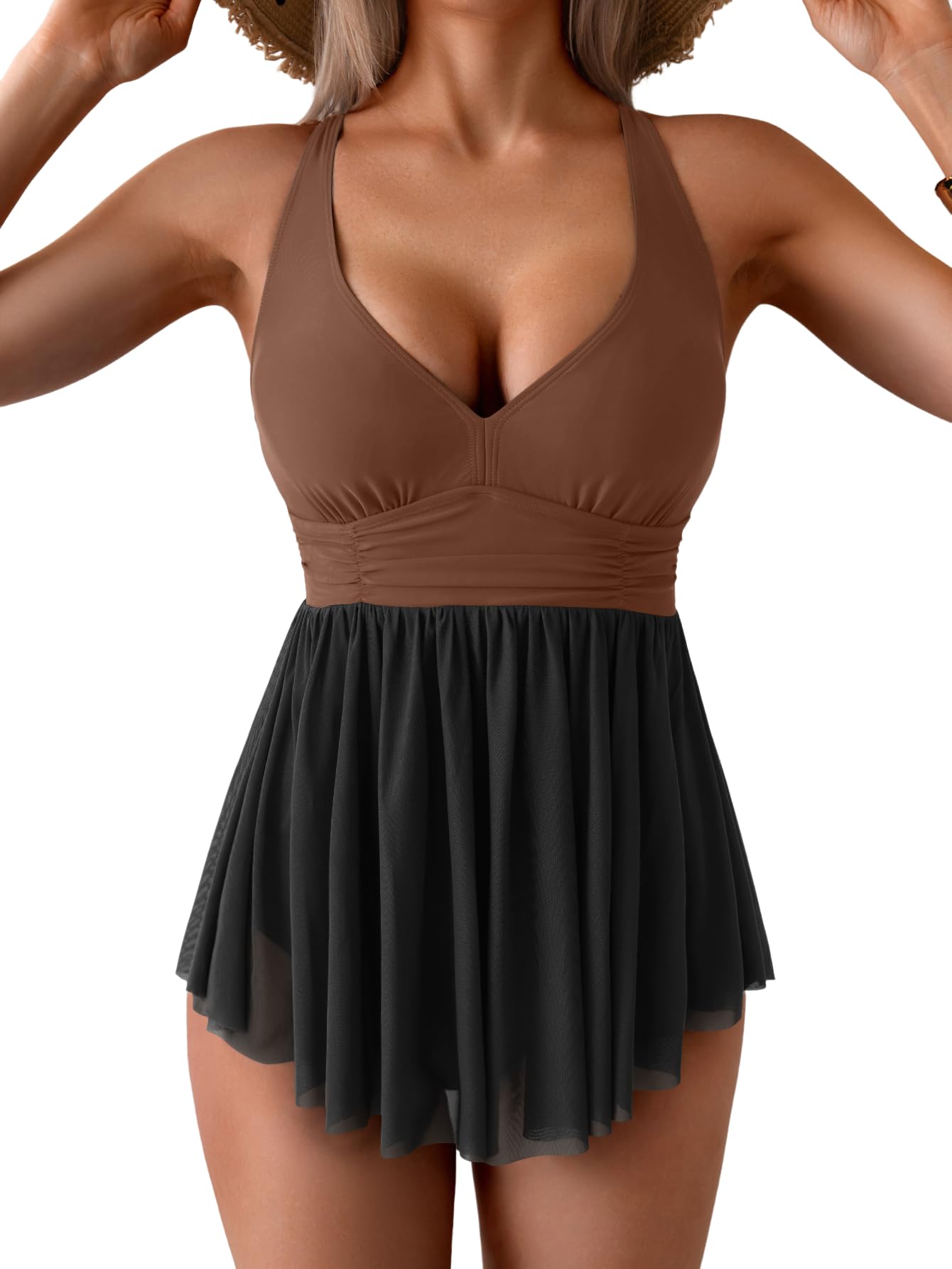 Women's One Piece Swim Dress Swimsuit Tummy Control Mesh Swimdress