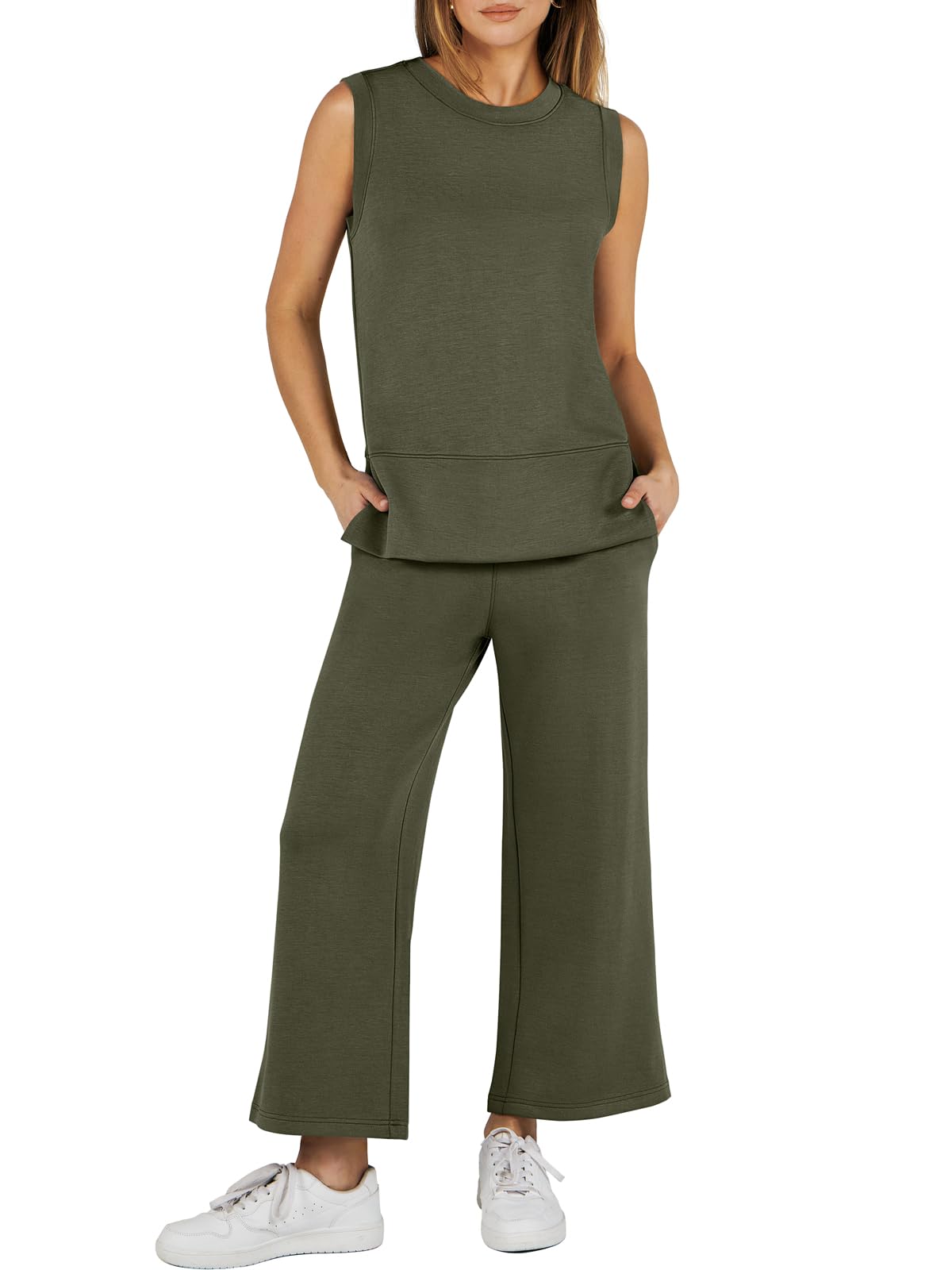 Limited time sale🔥Women's Sleeveless Slit Hem Wide Leg Suit Casual Two Piece Set