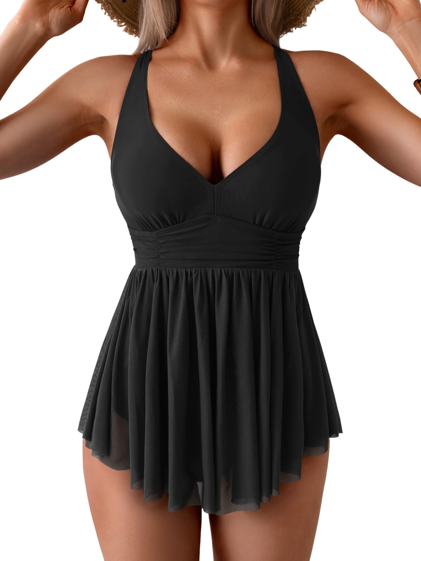 Women's One Piece Swim Dress Swimsuit Tummy Control Mesh Swimdress