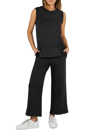 Limited time sale🔥Women's Sleeveless Slit Hem Wide Leg Suit Casual Two Piece Set