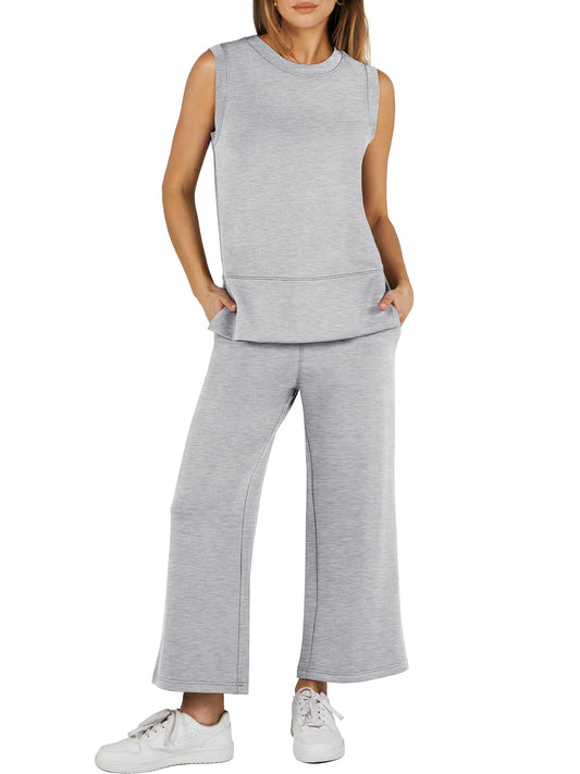 2024 SUMMER NEW Women's Sleeveless Slit Hem Wide Leg Suit Casual Two Piece Set