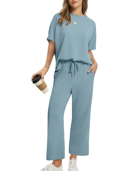 Loose Short Sleeve Top & High Waist Wide Leg Pants 2-Piece Summer Matching Set