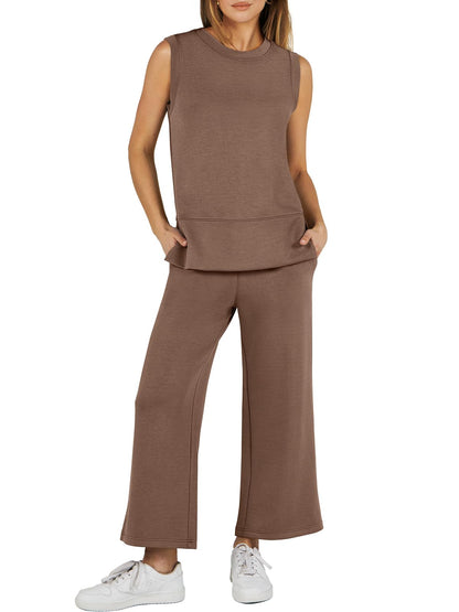 2024 SUMMER NEW Women's Sleeveless Slit Hem Wide Leg Suit Casual Two Piece Set