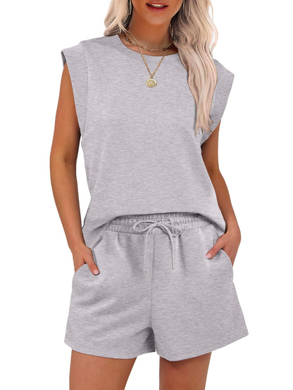 New Women's Cap Sleeve Crewneck Tops and Drawstring Short Outfits Two Piece Sets