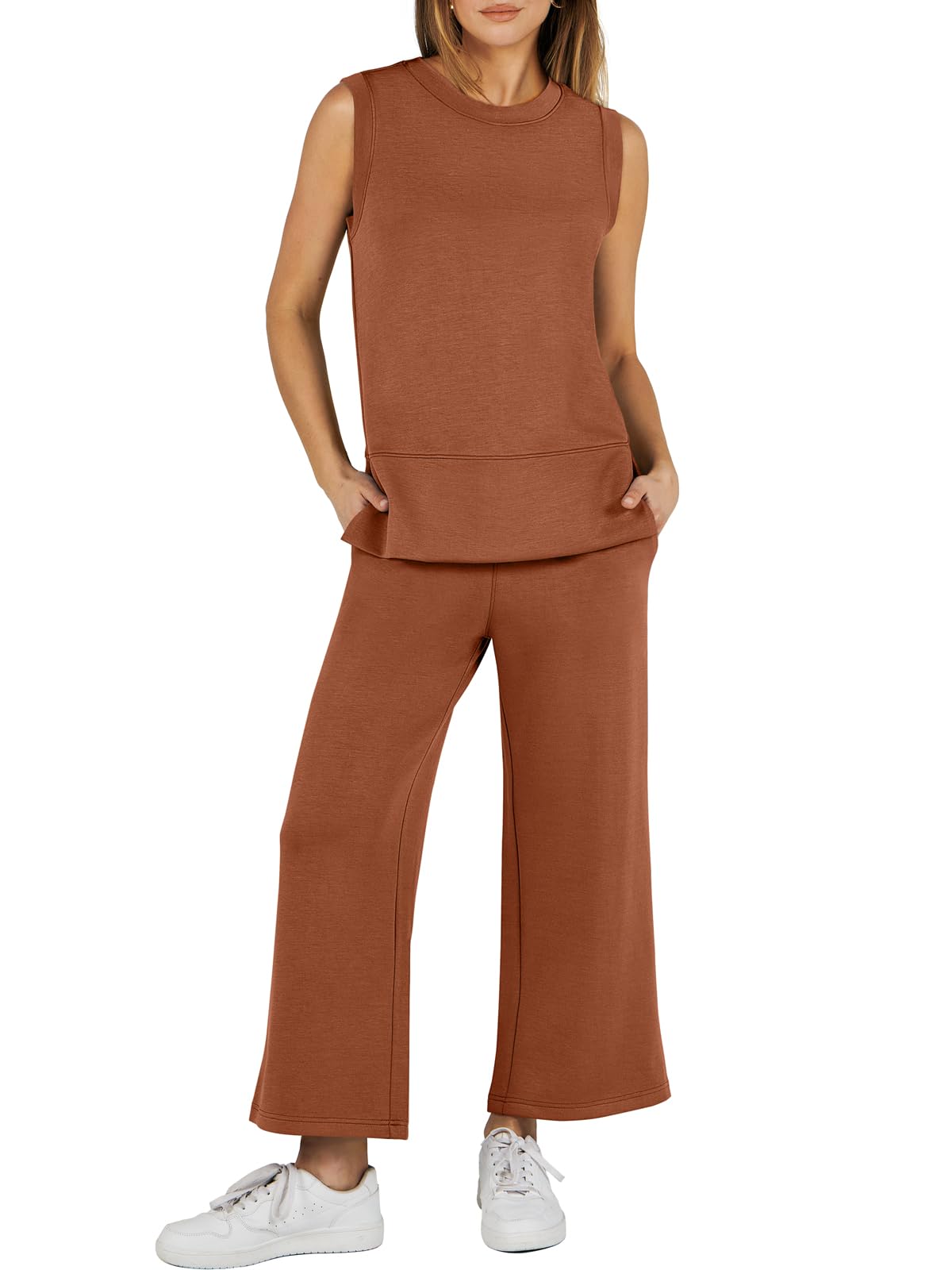 2024 SUMMER NEW Women's Sleeveless Slit Hem Wide Leg Suit Casual Two Piece Set