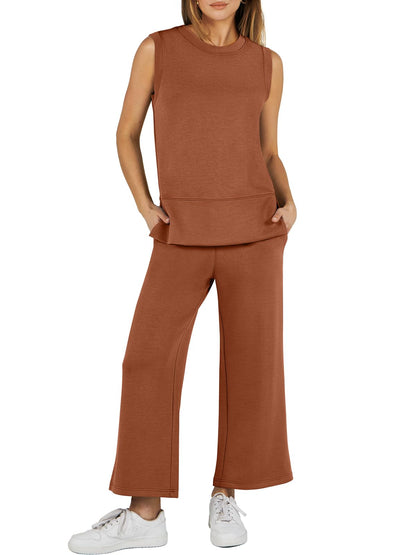 2024 SUMMER NEW Women's Sleeveless Slit Hem Wide Leg Suit Casual Two Piece Set