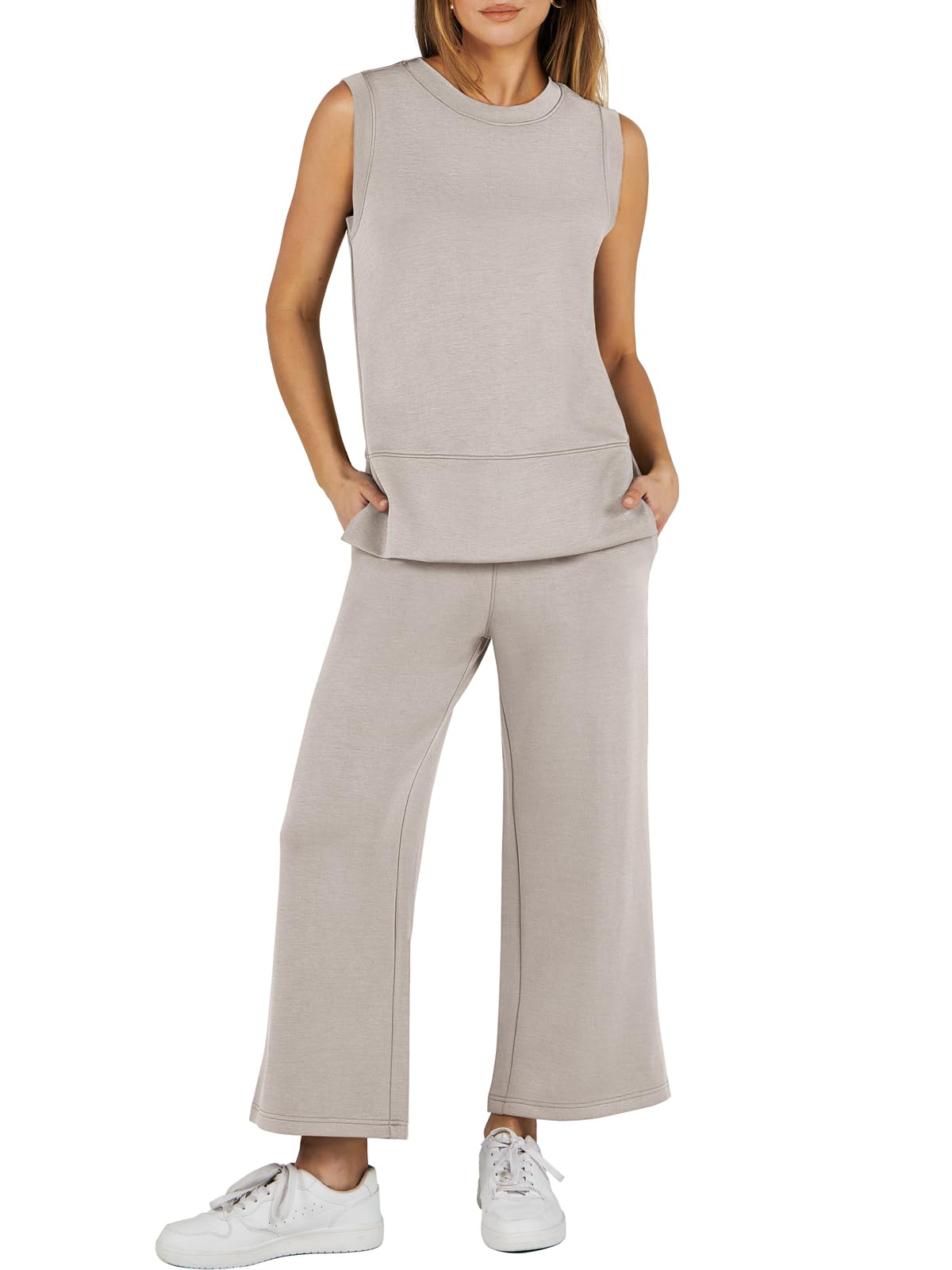 2024 SUMMER NEW Women's Sleeveless Slit Hem Wide Leg Suit Casual Two Piece Set