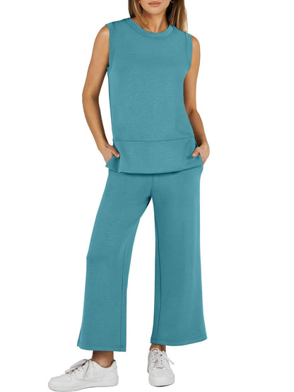 2024 SUMMER NEW Women's Sleeveless Slit Hem Wide Leg Suit Casual Two Piece Set