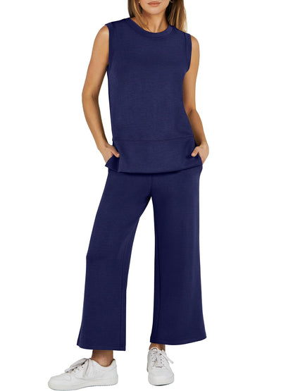 2024 SUMMER NEW Women's Sleeveless Slit Hem Wide Leg Suit Casual Two Piece Set