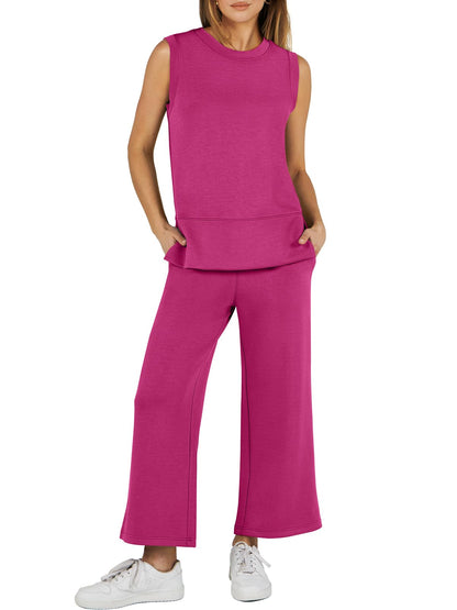 Limited time sale🔥Women's Sleeveless Slit Hem Wide Leg Suit Casual Two Piece Set