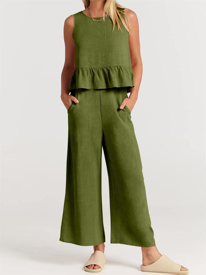 Limited time sale🔥Women 2 Piece Outfits Tank Crop Top Wide Leg Pants Lounge Matching Sets