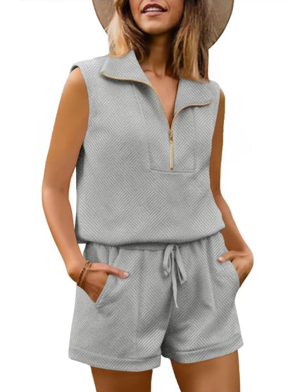 Limited time sale🔥Womens 2 Piece Outfits Short Sets Half Zip Sleeveless Tops and Drawstring Shorts