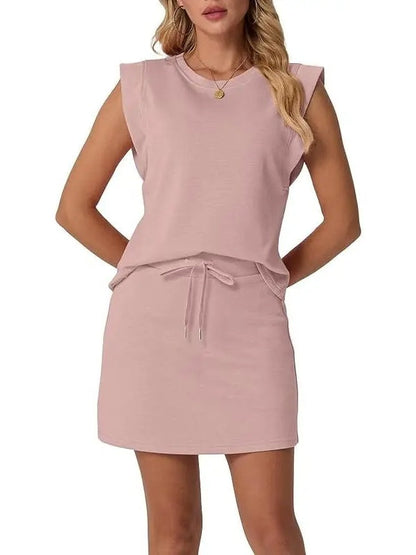 2026 Women's Summer 2 Piece Skort Set Cap Sleeve Round Neck Top