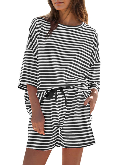 Limited time sale🔥Womens Striped 3/4 Sleeve Oversized Tops High Waisted Shorts Sets