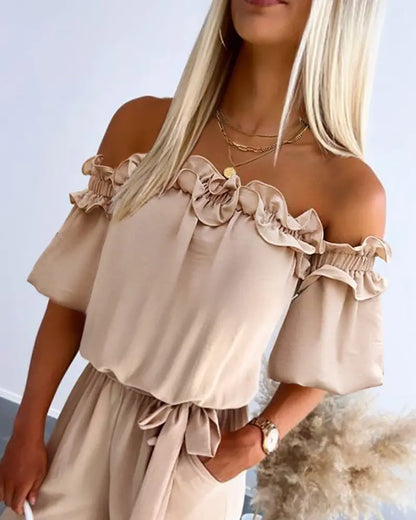 ✨Womens Off Shoulder Frill Hem Tied Detail Jumpsuit