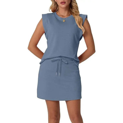 Women's Summer 2 Piece Skort Set Cap Sleeve Round Neck Top